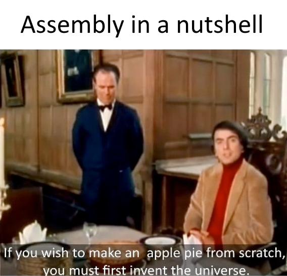 This meme is an image of a scene from the movie "The Hitchhiker's Guide to the Galaxy" where a character named Arthur Dent is explaining the universe's origins to his friend. The image shows Arthur and his friend sitting at a table, with a caption below the image that reads: "If you wish to make an apple pie from scratch, you must first invent the universe." This quote is a humorous take on the idea that making something as simple as an apple pie requires a vast amount of knowledge and understanding of the universe.